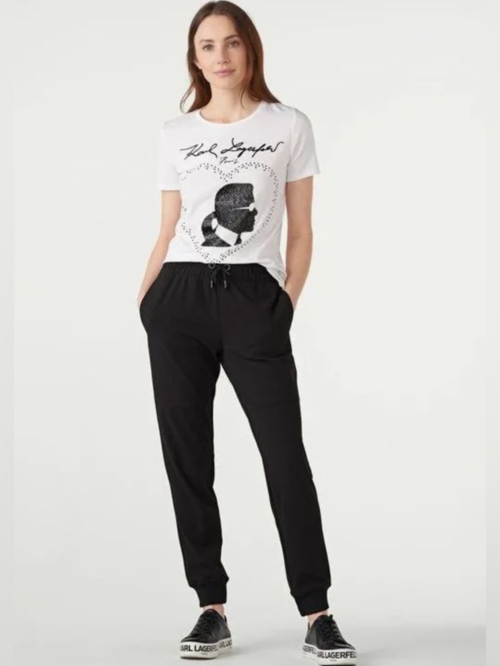Karl Lagerfeld White Silver Black Bling Heart Profile T-shirt - Size Medium